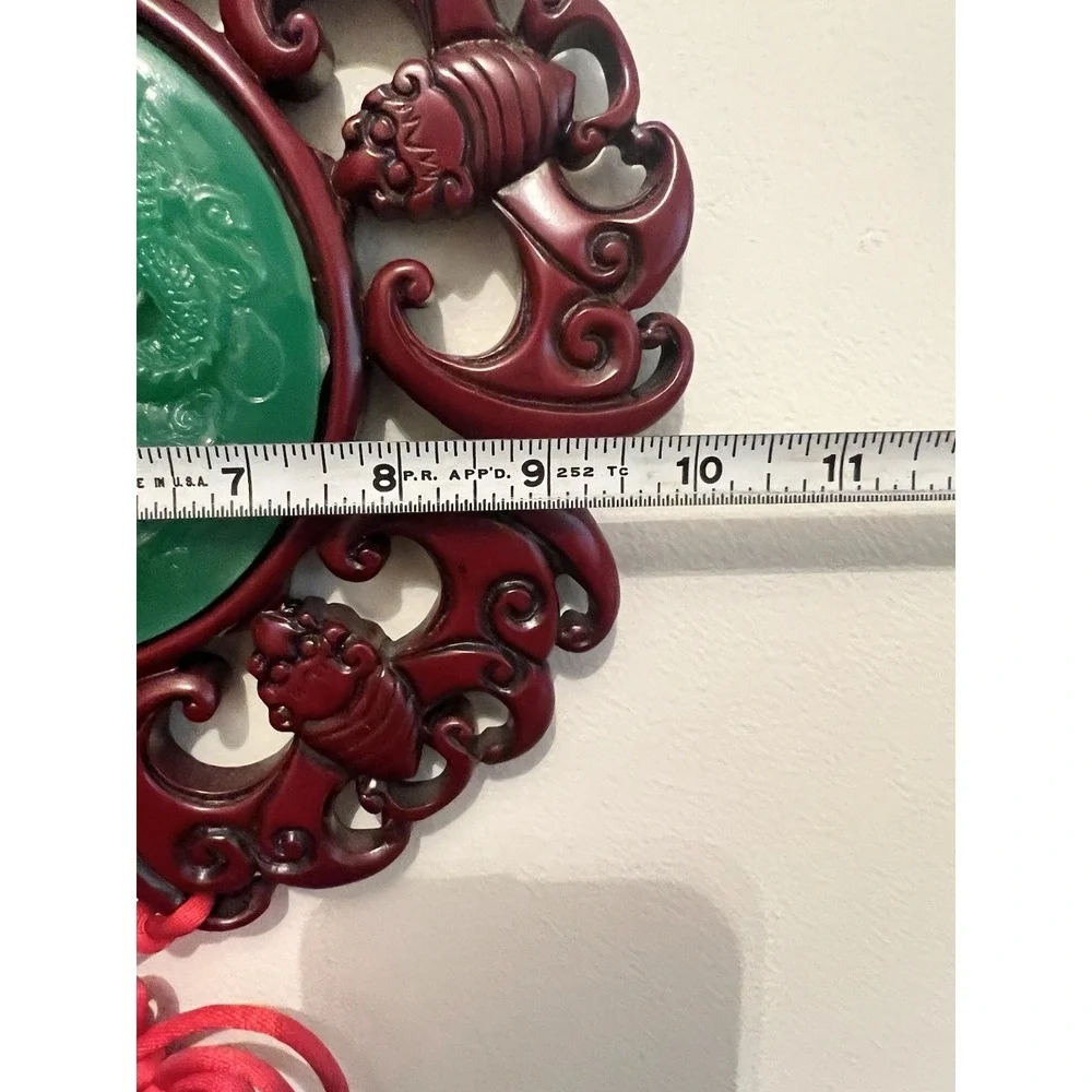 VTG Asian Dragon Wall Hanging Feng Shui Jade Style Medallion Red Tassel Decor 3'